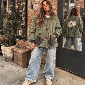 Vintage Military Liner L Jacket Green VOZA Rework Upcycled Streetwear Indie